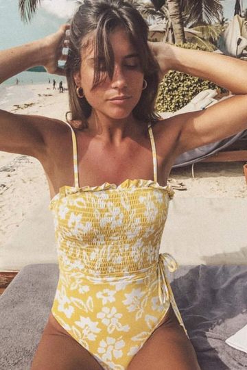 Yellow White Floral Smocked Frill Trim One Piece Swimsuit