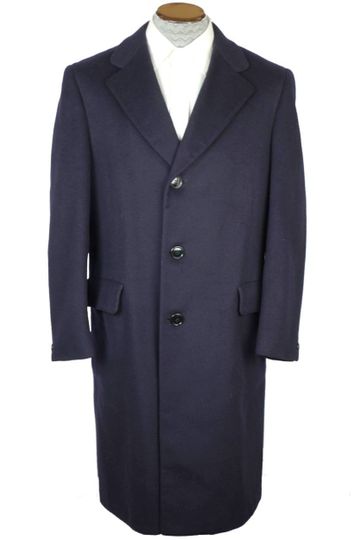 Vintage Mens Overcoat 70s Crombie Blue Long Wool Coat Size M