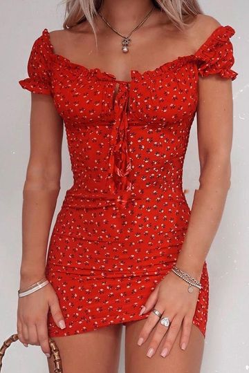 Red Floral Off Shoulder Summer Bodycon Mini Dress