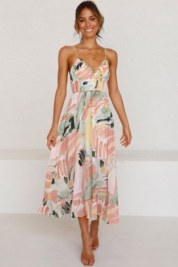 Colorful Print Deep V Chiffon slip midi dress - Orange