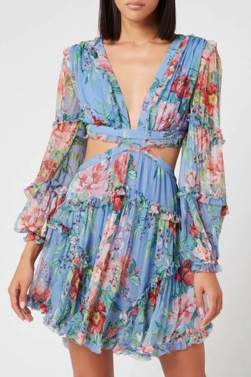 Ruffle Long Sleeve Deep V Cutout Chiffon Floral Mini Dress - Blue