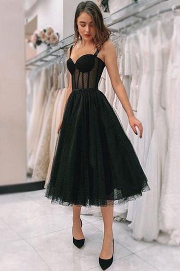 Sexy Black Spaghetti Strap Sweetheart A-line Tulle Tea-length Midi Homecoming Dress, HD3060