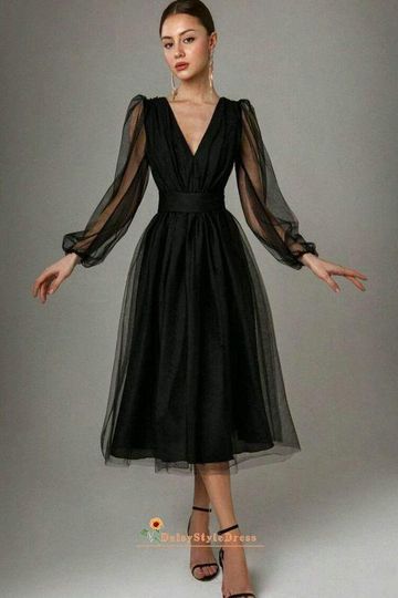 Tea Length Long Sleeve Black Party Dress