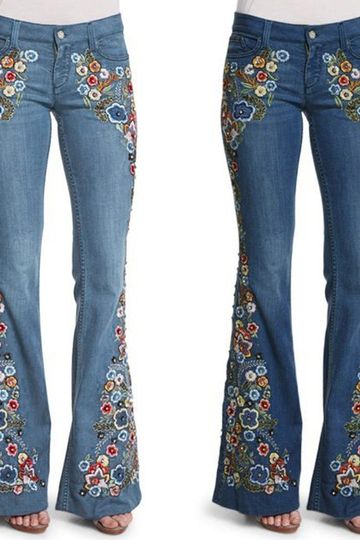 Embroidered Jeans Bell Bottoms Embroidery Flowers Flare Pants Classic 5 Pocket Stretch Denim Dark Or Light You Choose Available In Sizes XS Small Medium Large XL Plus Size 2X 3X Or 4X
