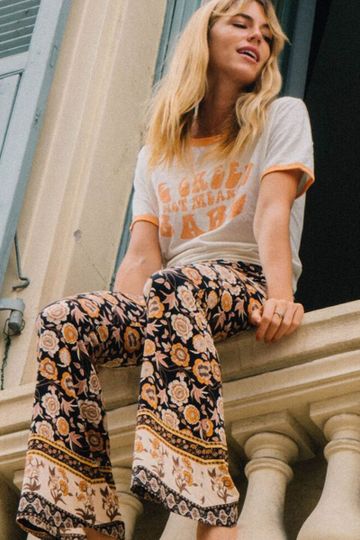 Jastie Boho Bell Bottoms Or Peasant Top Floral Print Pants Elastic Off The Shoulder Gypsy Blouse High Waist Pant Flower Child India Bohemian Print Flared Leg Puffed Long Sleeves Top & Pant Sold Separately Available In Sizes S M L