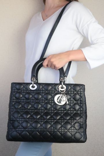 Christian Dior Black Cannage Lambskin Large Lady Dior Shoulder Bag