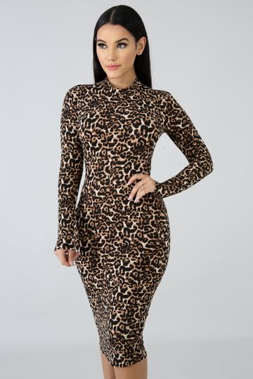 Leopard Print Long Sleeve Bodycon Midi Dress