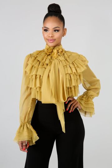 Mustard Yellow Ruffle Front Sheer Blouse