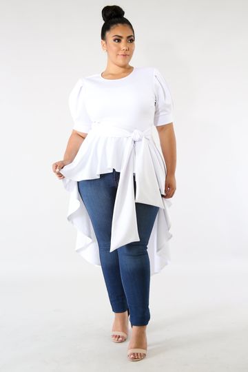 PLUS SIZE White High Low Ruffle Blouse