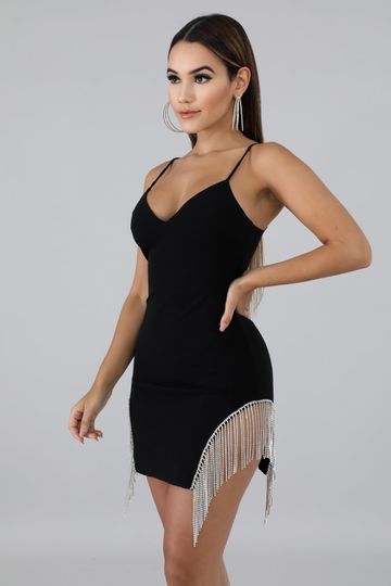 Black Diamond Fringe Side Mini Dress