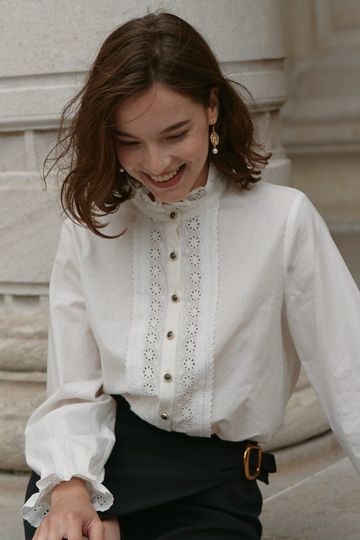 Victoria 100% Cotton Ruffle Mandarin Blouse