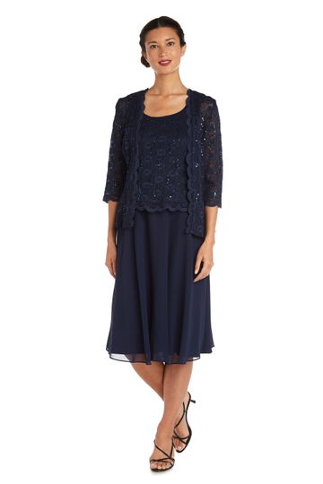 R&M Richards - Midi-Dress with Sheer Layered Skirt and Matching Lace Open Jacket