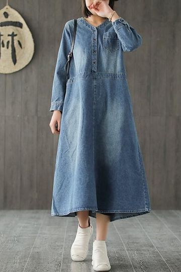 Loose Blue Denim Dresses Women Casual Cowboy Clothes Q732
