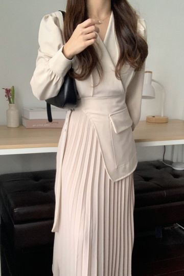 [Korean Style] Inna Beige V-neck Belted Blazer Pleated Skirt One Piece