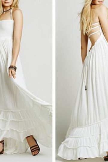 Boho Maxi Dress White "Extratropical" Halter Gown Long Strappy Backless Wedding Dress Gauze Gypsy Dress Smocked Front Adjustable Waist Triple Tiered Hem Sizes Small Medium Or Large