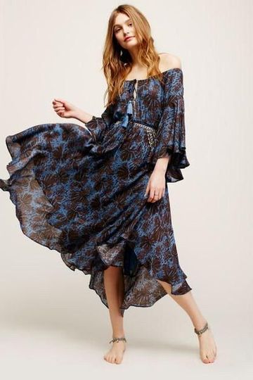 SALE 50% OFF Off The Shoulder Boho Maxi Dress "The Island Life" Bell Sleeves Lace Up Front Dark Blue And Black Print Sizes Small Medium Large Or Extra Large