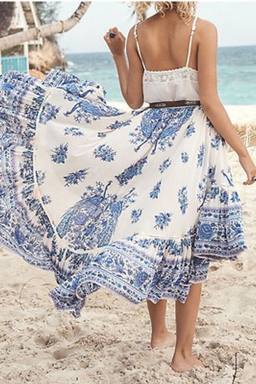Boho Long Skirt "Hotel Paradiso" Plus Size Blue And White Midi Maxi Bohemian Peacock Print Size XXL or 2X