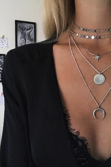 Silver Layered Necklace Boho 5 Tiered Choker Moon Stars Stacking Necklaces All In One Great For Festivals