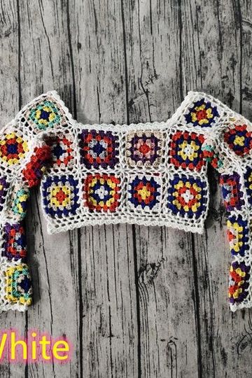 Granny Square Long Sleeve Top Colorful Crochet Crop Top Hand Crocheted Off The Shoulder Beach Festival Summer Blouse Choose Beige White Or Black In Small Medium Or Large
