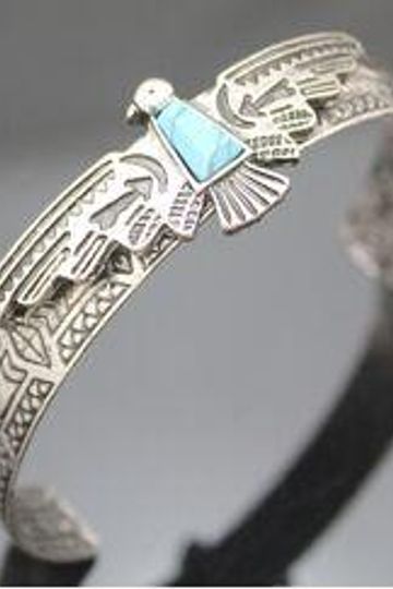 Thunderbird Cuff Bracelet Burnished Silver Tone With Turquoise Stone Native American Totem Firebird Also Available In Antique Gold