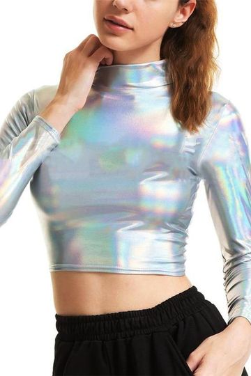 Women Liquid Metallic Long Sleeve Crop Top Punk Turtleneck Holographic T Shirt Cropped Tops For Rave Club Dance Mock Neck Shirt