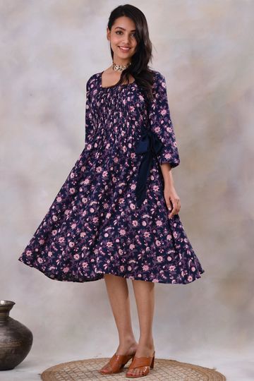 Blue Floral Midi Dress with Pintucks & Knot Details