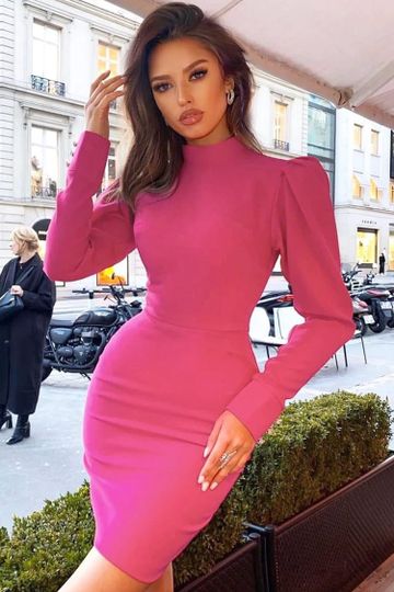 Celebrity Long Sleeve High Neck Bandage Mini Dress - Rose