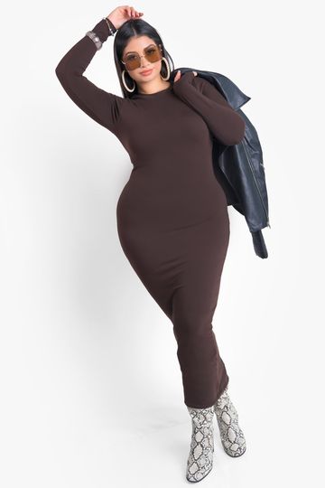 Rebdolls Essential Crew Neck Bodycon Maxi Dress - Brown