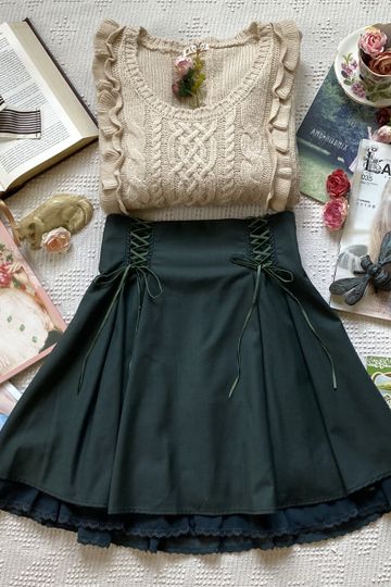 Secret Honey Dark Green Lace Up Skirt