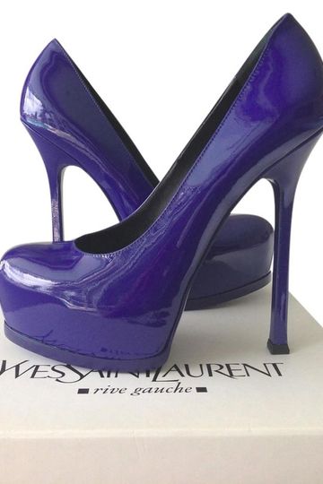 YSL SAINT LAURENT TRIBTOO 105 ROYAL BLUE PATENT LEATHER PUMP SHOES