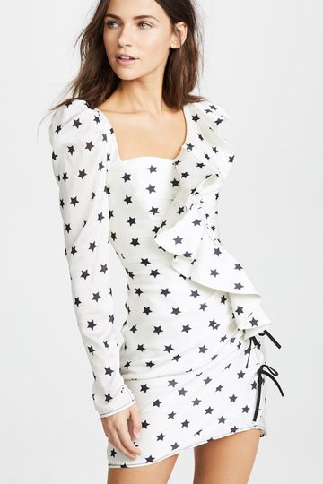 Self-Portrait Star Blue White Print Frill Long One Sleeves Mid Mini Dress