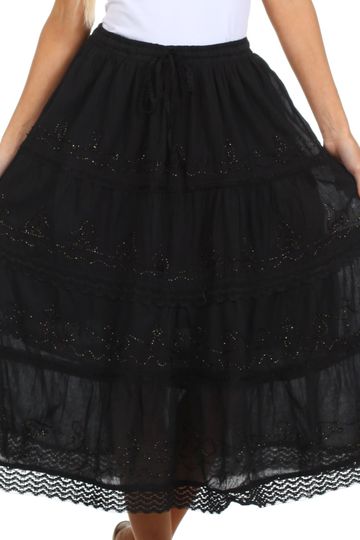 Sakkas Solid Embroidered Crochet Lace Trim Gypsy Bohemian Mid Length Cotton Skirt