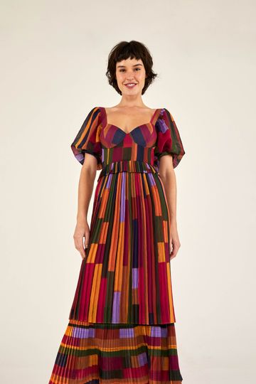 YELLOW PAINTED STRIPES PLEATED DRESS