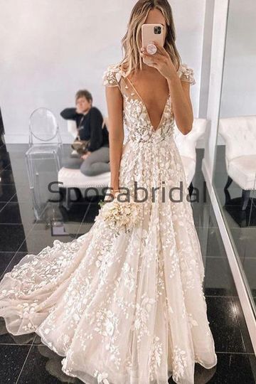 A-line Lace V-Neck Vintage Cap Sleeves Romantic Wedding Dresses WD0376