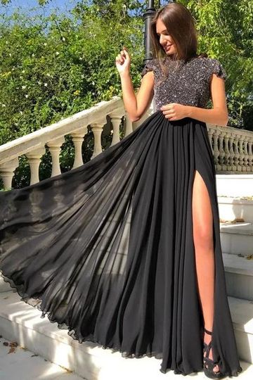A-line Black Cap Sleeves Open Back Sparkly Modest Prom Dresses, PD2271