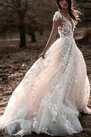 A Line Cap Sleeves V-neck Lace Appliques Backless Long Wedding Dresses OKZ40