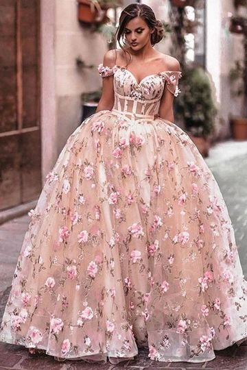 Elegant Floral Blush Pink Off-shoulder Sweetheart A-line Long Prom Dress, Ball Gown, PD3186