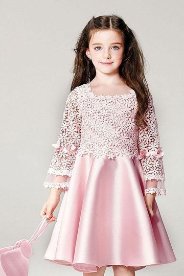 Boho Princess Lace Satin Bell Long Sleeve Flowers Knee Length Pageant Skater Dress