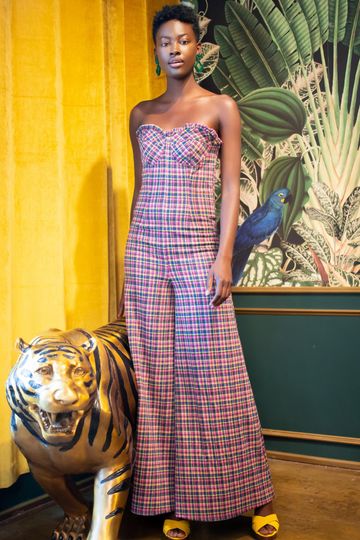 Pink Plaid Strapless Knit Jumpsuit