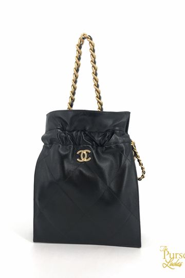 CHANEL Black Shiny Lambskin Quilted Leather Mini Drawstring Shopping Tote