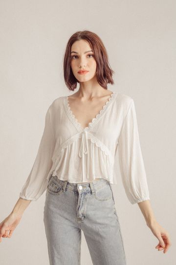 Amelia White Vneck Lace  Ribbon Bust Long Sleeves Top