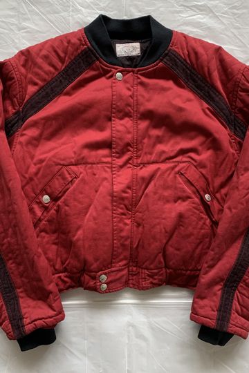 1980s Armani Heavy Red Cotton Cropped Bomber with Black Contrast Trim Detailing - Size XL