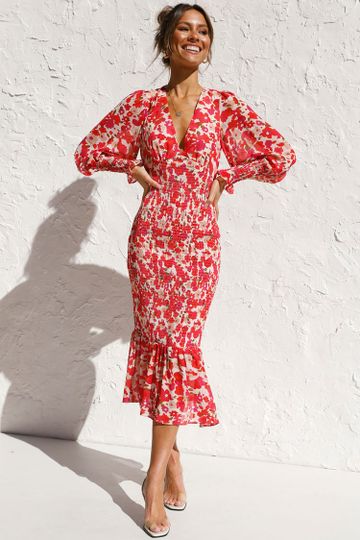 Deep V Bishop Sleeve Smocked Floral Printed Midi Dress - Red