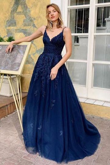 Navy Blue Lace Appliques Prom Dresses Long V Neck Spaghetti Straps A Line Tulle Evening Gowns OKZ89
