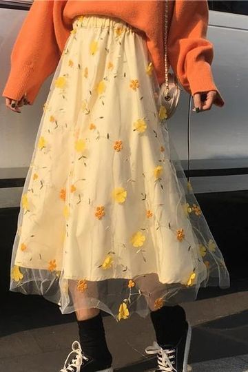 FLOWERS EMBROIDERY LACE MESH SKIRT