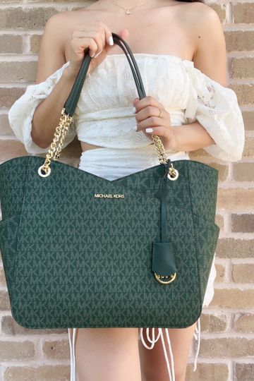Michael Kors Jet Set Large Chain Shoulder Tote Racing Green MK Signature Logo