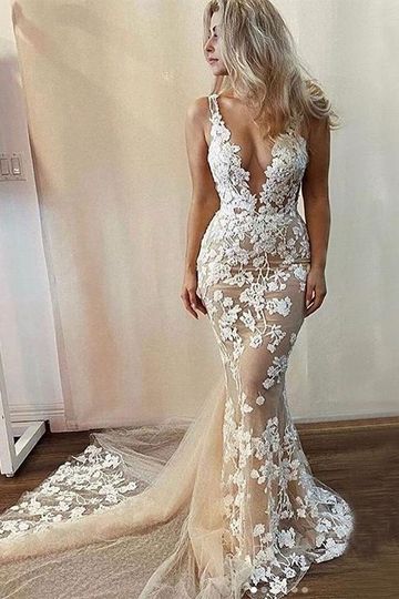 Sexy Champagne White Lace V-neck Open-back Long Tail Mermaid Wedding Dress, WD3065