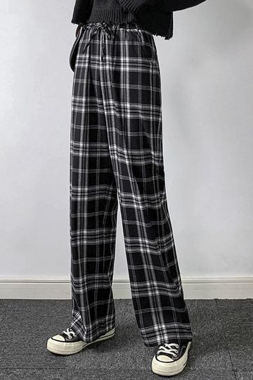 B&W PLAID LACE-UP WIDE LEG PANTS
