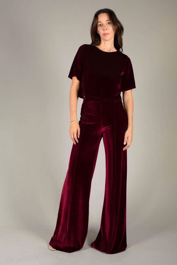 Burgundy Velvet Wide Leg Pant