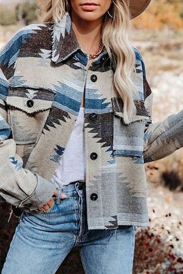 Aztec Shirt Jacket Shacket Blue & Tan Pink & Gray Or Red & Turquoise You Choose Southwestern Button Up Shirt With Pockets Boho Frayed Edges Available In Sizes Small Medium Large Or Extra Large XL